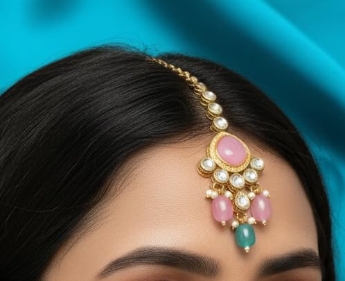 Reverse AD Earrings & Maang Tikka - Pastel Pink
