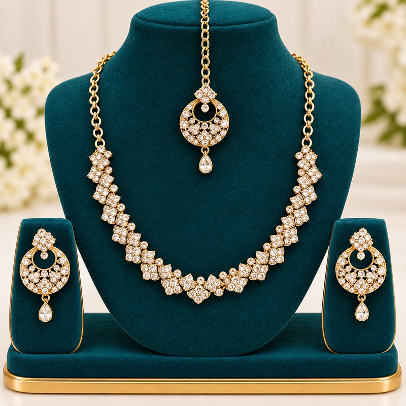Mehndi Polish Stone Necklace Set with Maang Tikka