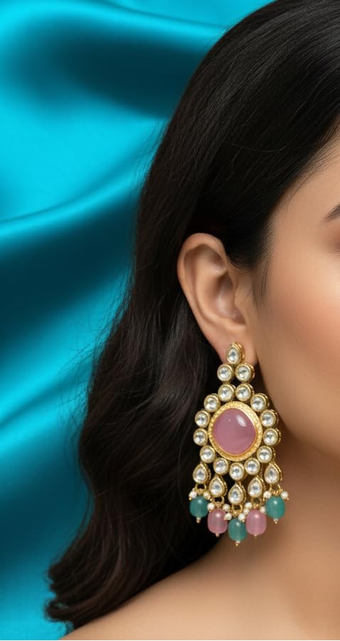 Reverse AD Earrings & Maang Tikka - Pastel Pink