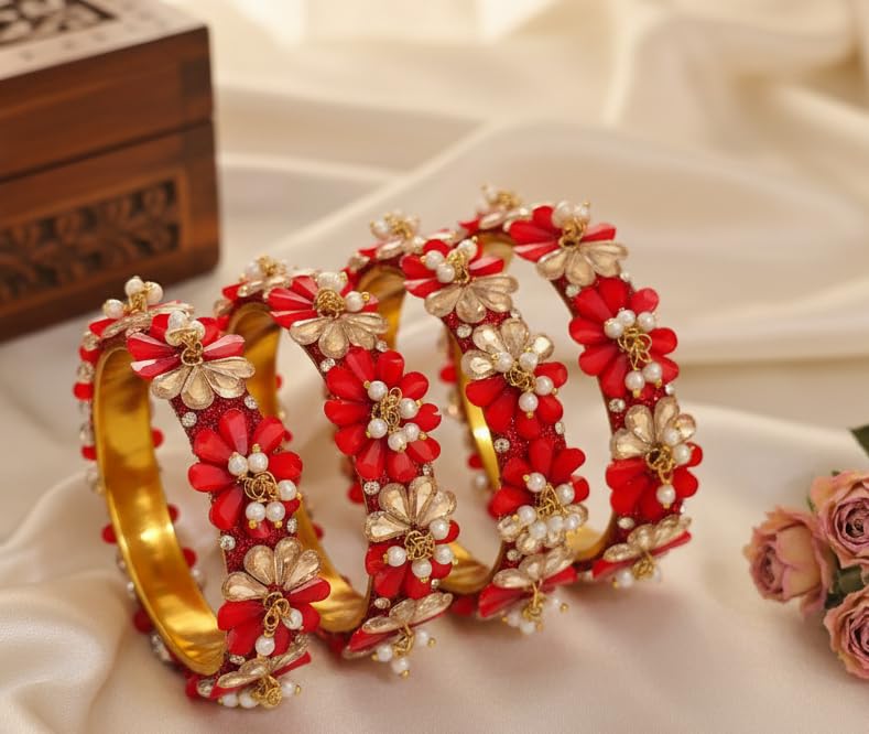 Red Floral Pearl Kada Set