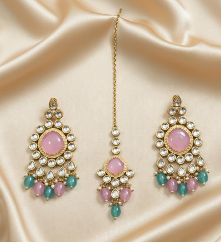 Reverse AD Earrings & Maang Tikka - Pastel Pink