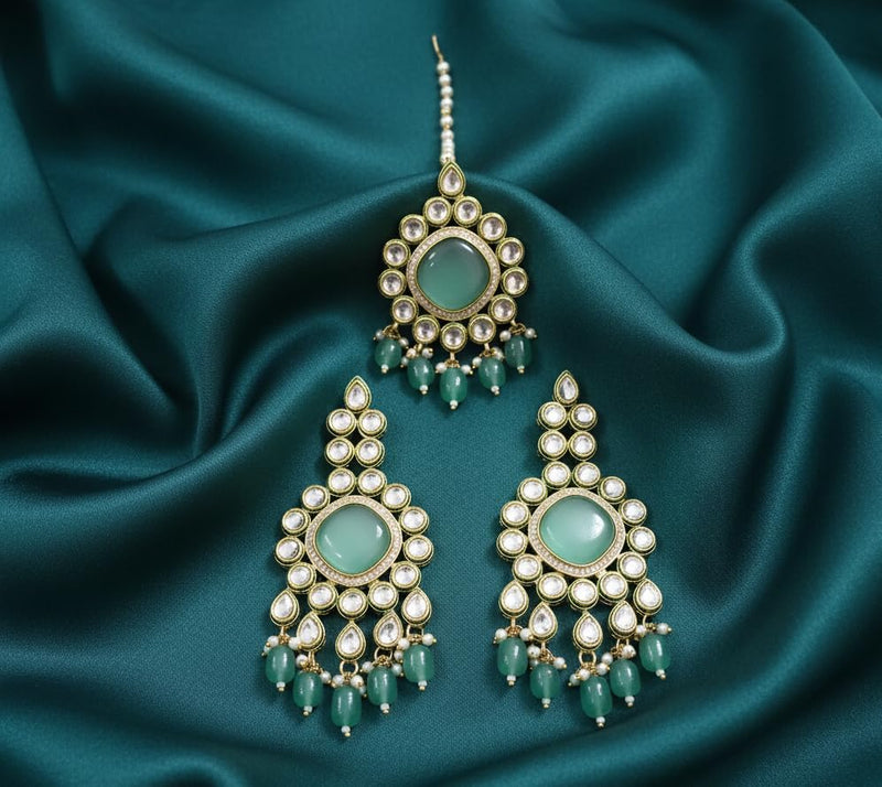 Reverse AD Earrings & Maang Tikka - Emerald