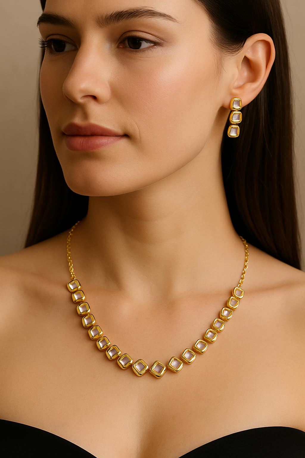 Square-Cut Kundan Necklace & Earrings Set