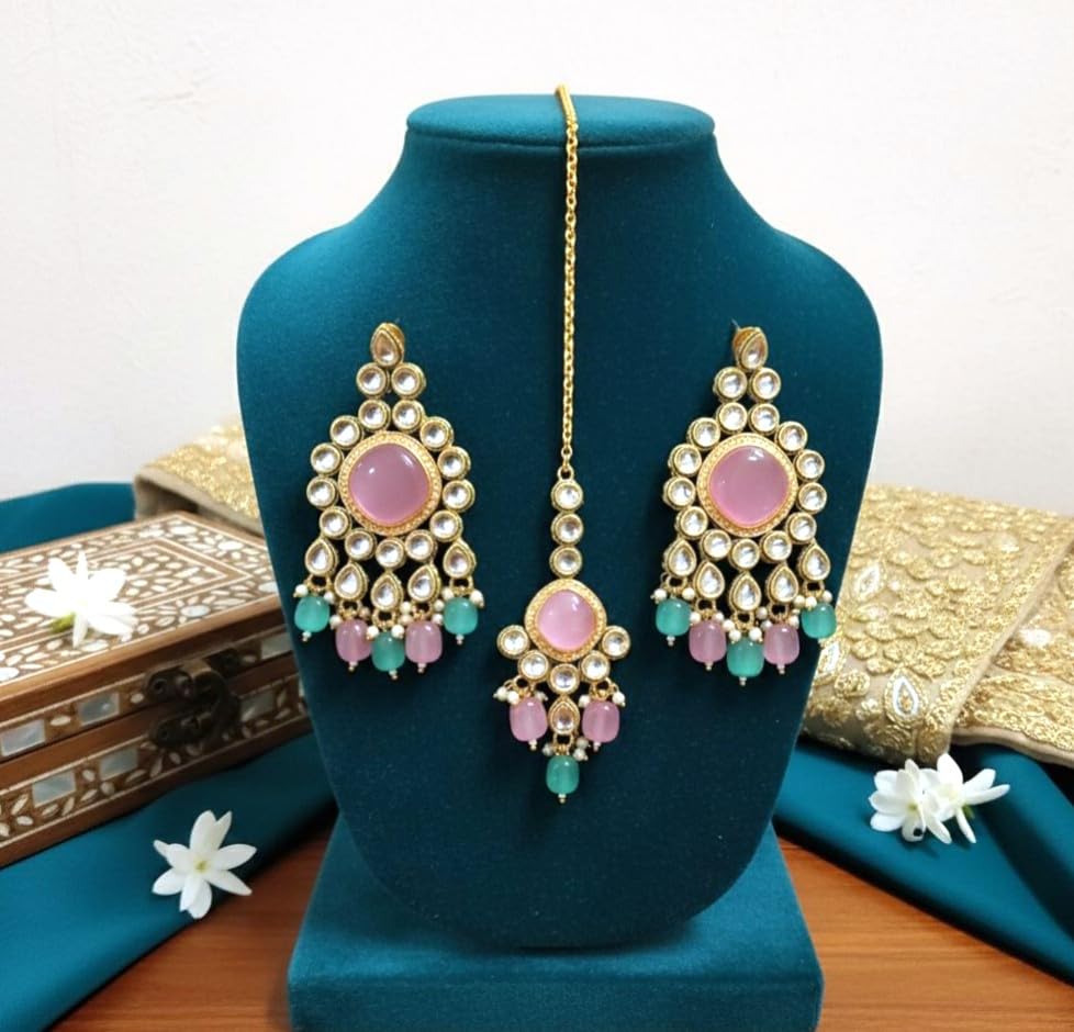 Reverse AD Earrings & Maang Tikka - Pastel Pink