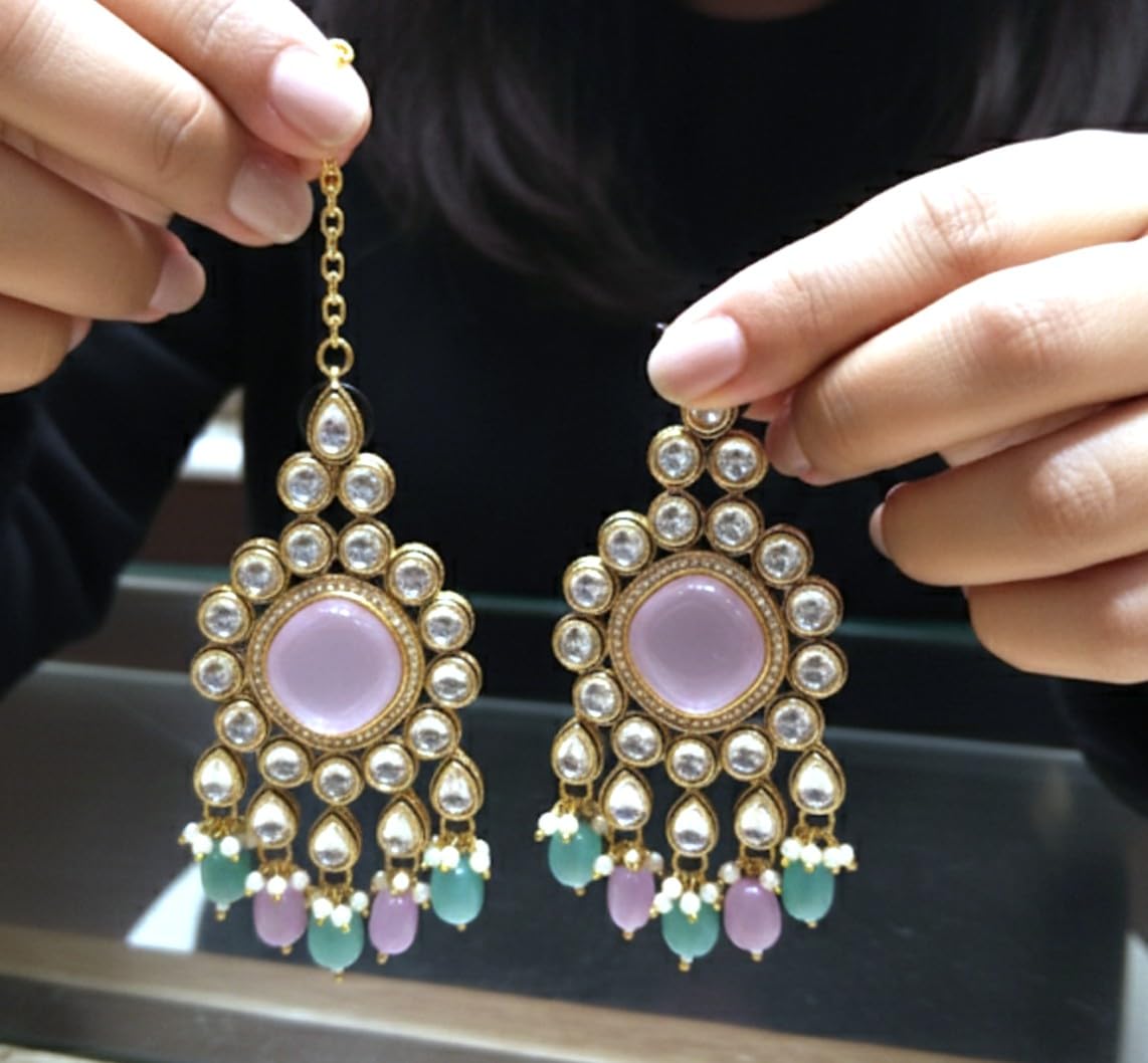 Reverse AD Earrings & Maang Tikka - Pastel Pink