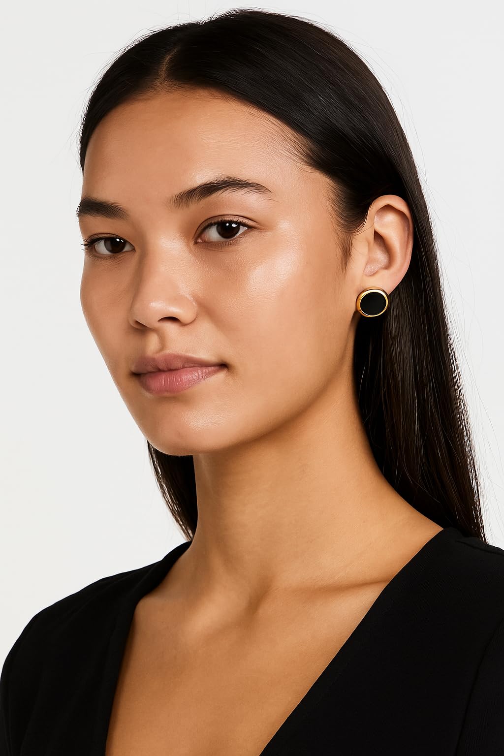 Noir Round Stud Earrings with Gold Border