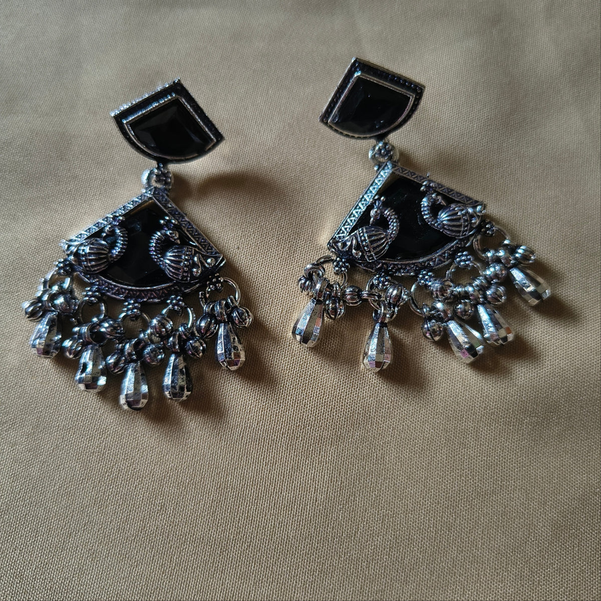 Onyx Stone Oxidised Silver Statement Earrings