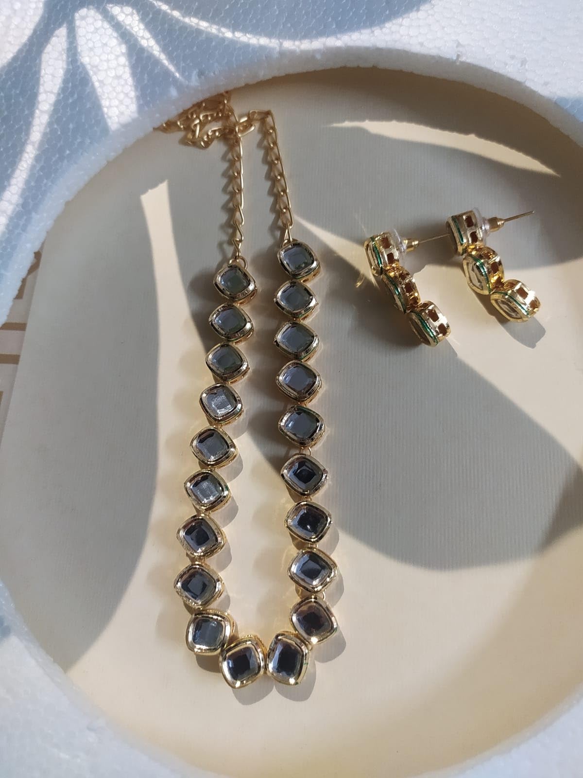 Square-Cut Kundan Necklace & Earrings Set