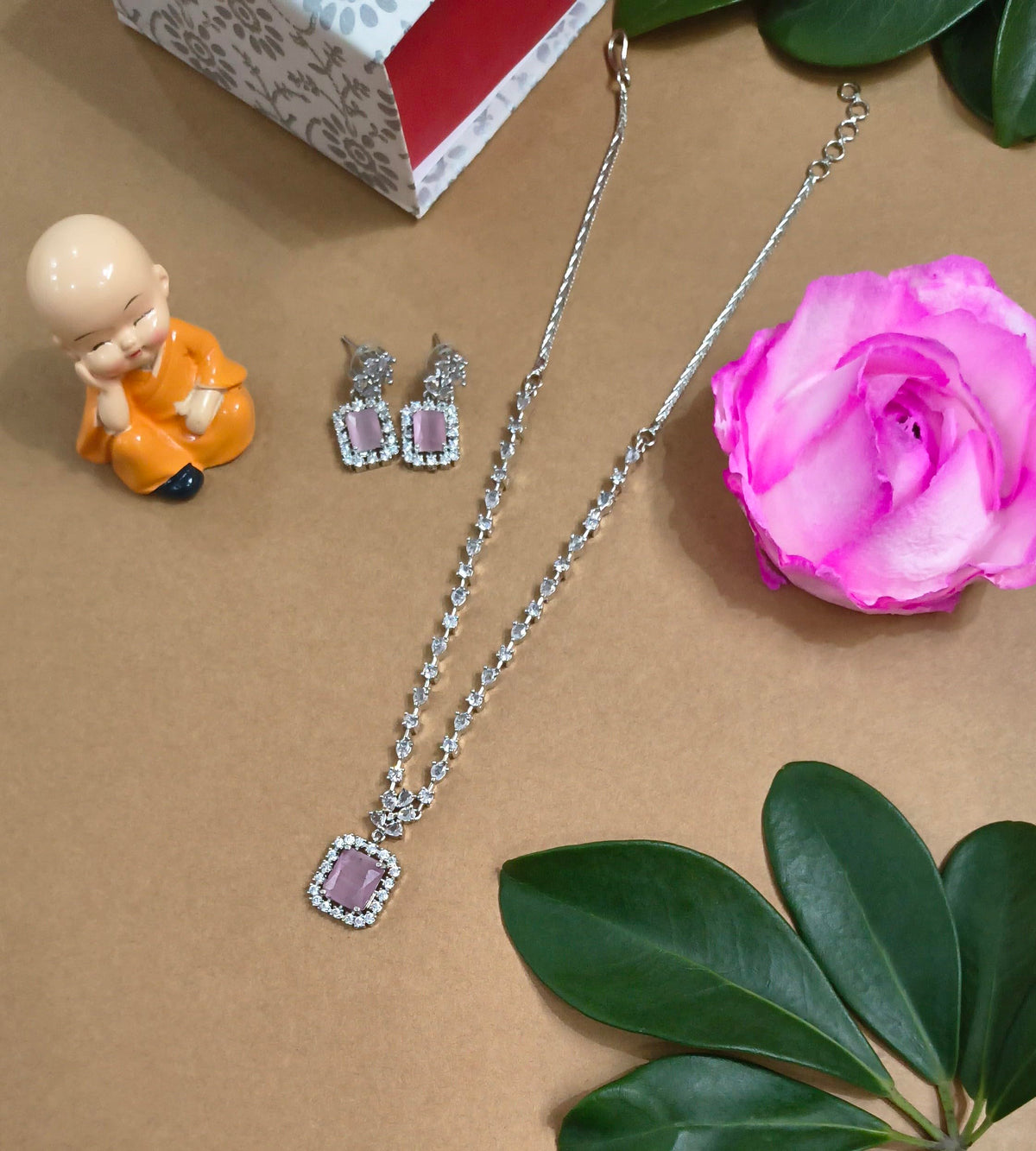 Blush Pink American Diamond Pendant Set with Earrings