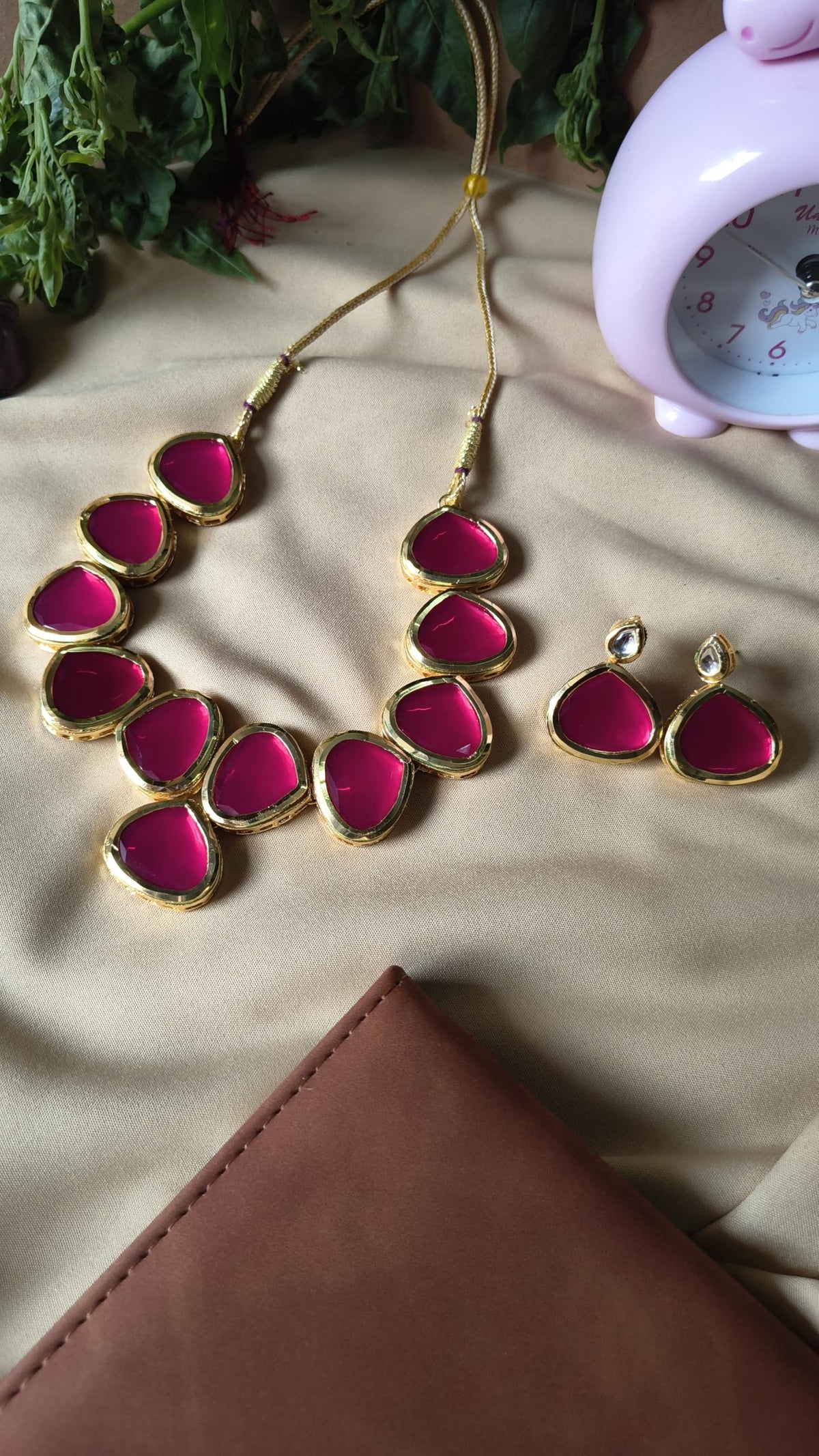 Ruby Pink Stone Neckpiece with Earrings