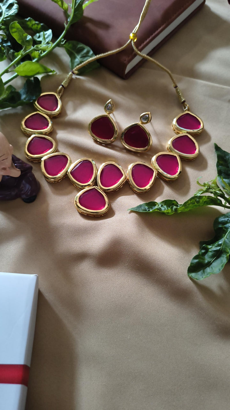 Ruby Pink Stone Neckpiece with Earrings