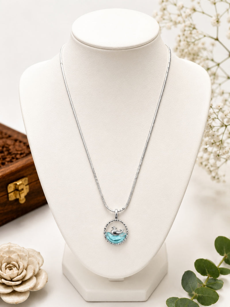 Ocean Wave Dolphin Pendant Necklace - Silver