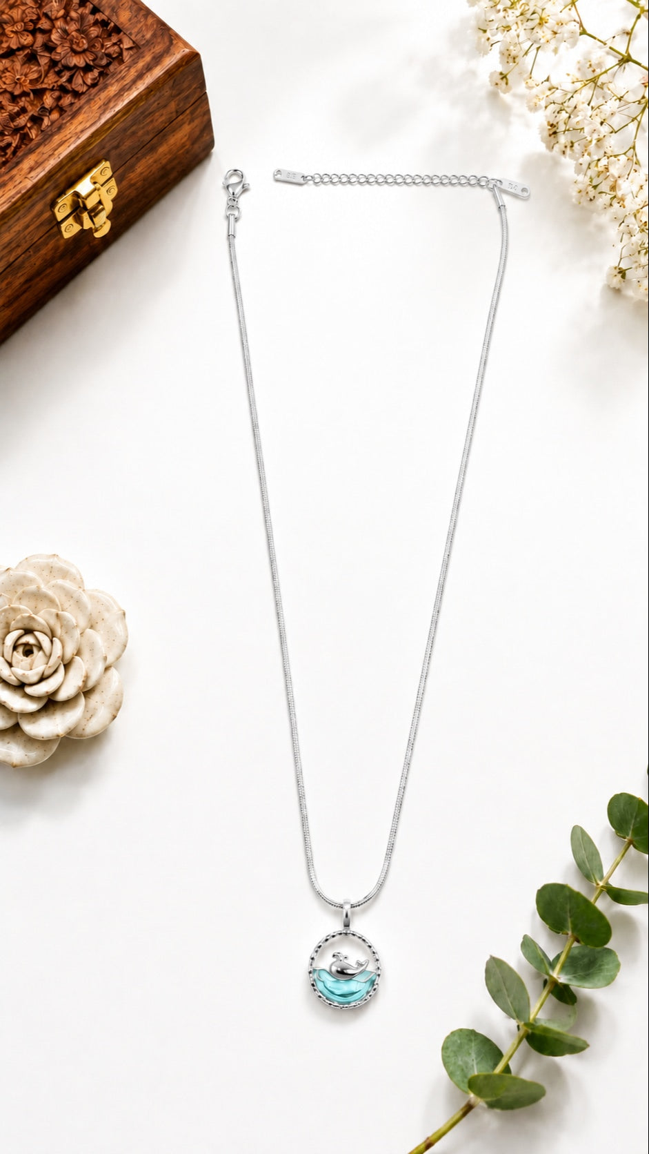 Ocean Wave Dolphin Pendant Necklace - Silver