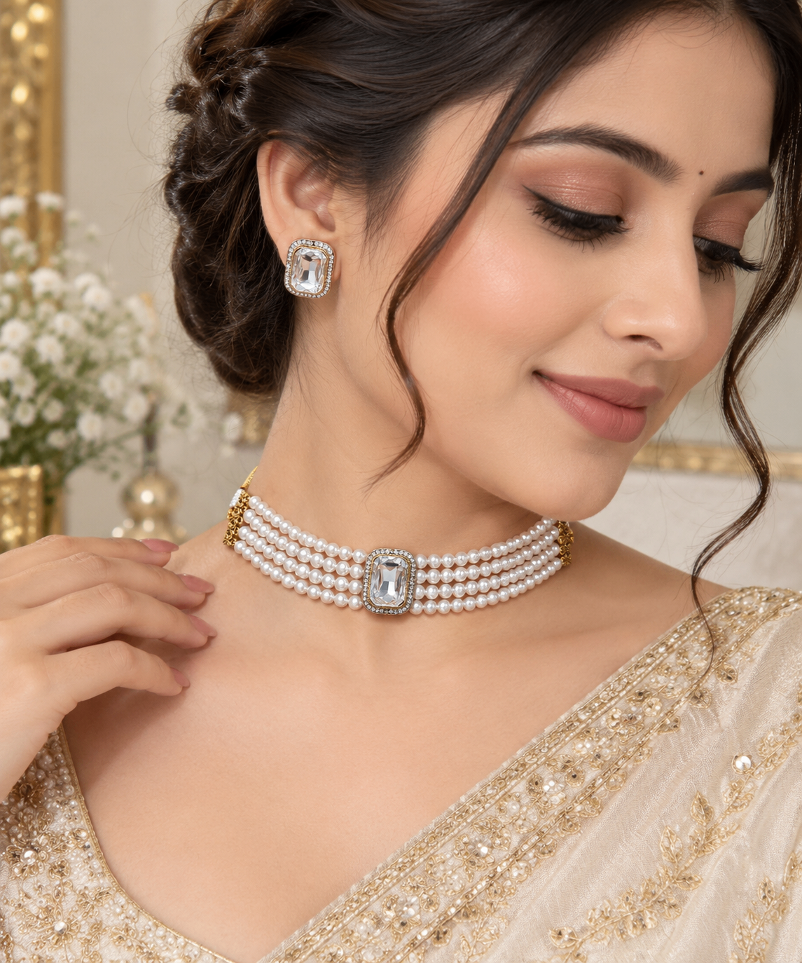 Pearl Choker Set with Stud Earrings
