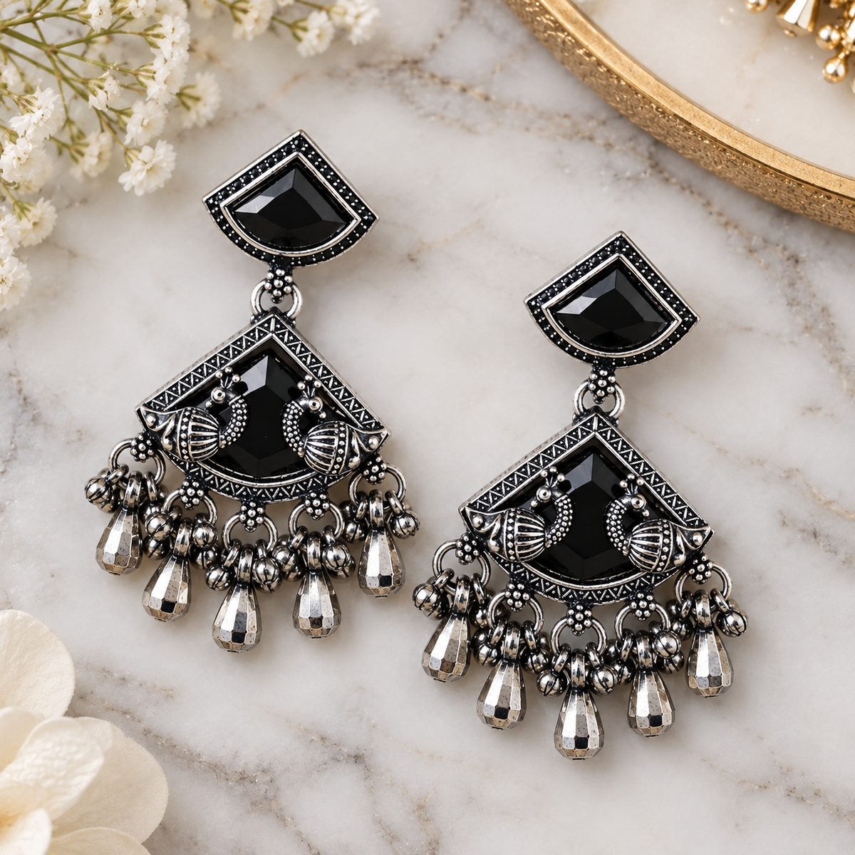 Onyx Stone Oxidised Silver Statement Earrings