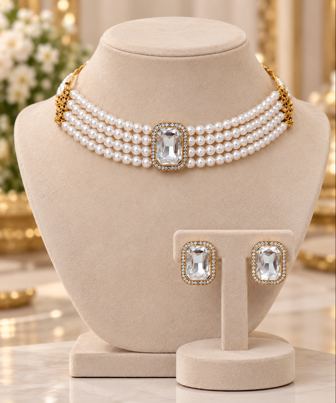 Pearl Choker Set with Stud Earrings