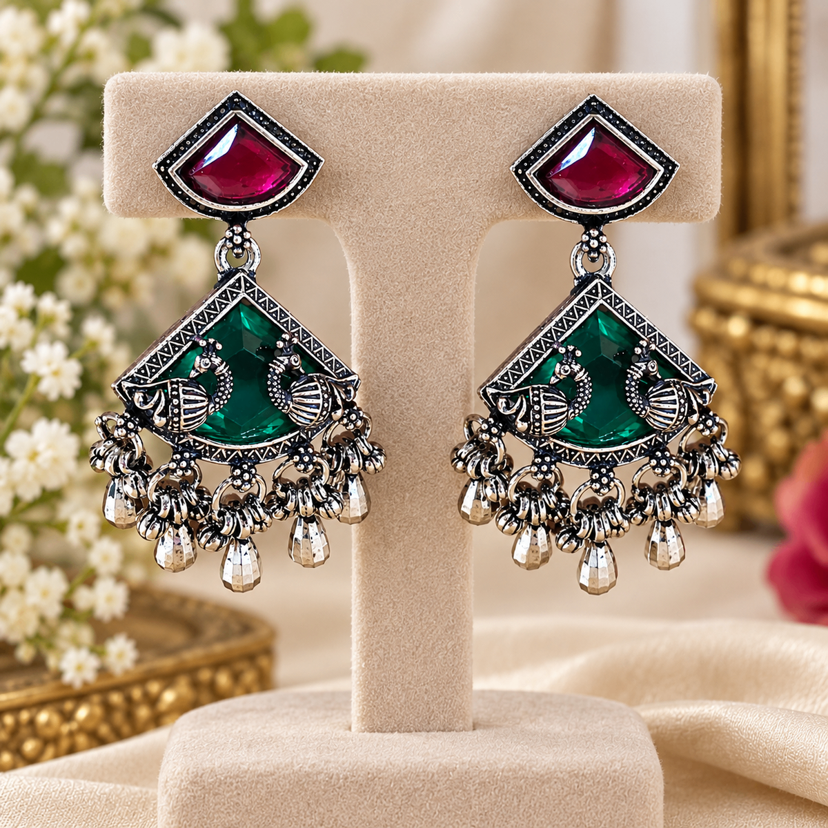 Ruby & Green Stone Oxidised Statement Earrings
