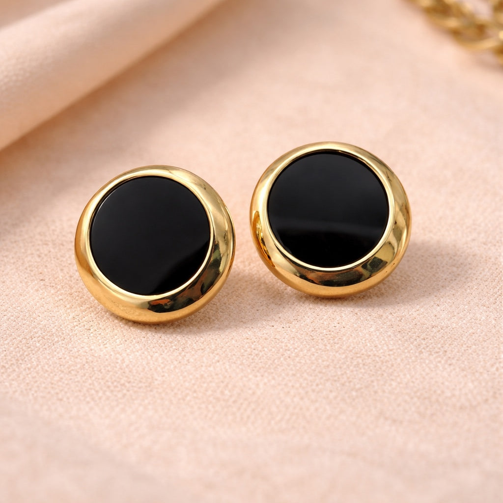 Noir Round Stud Earrings with Gold Border