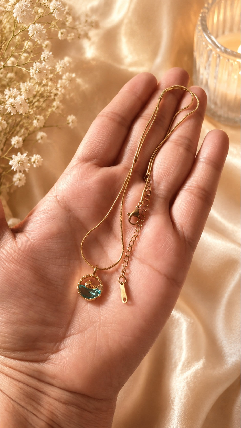 Ocean Wave Dolphin Pendant Necklace - Gold