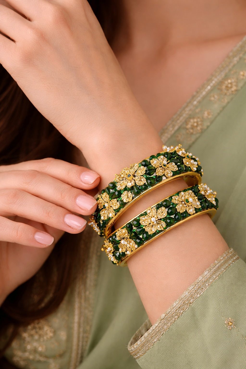 Green Floral Kada Set