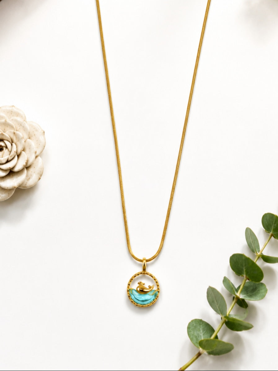Ocean Wave Dolphin Pendant Necklace - Gold