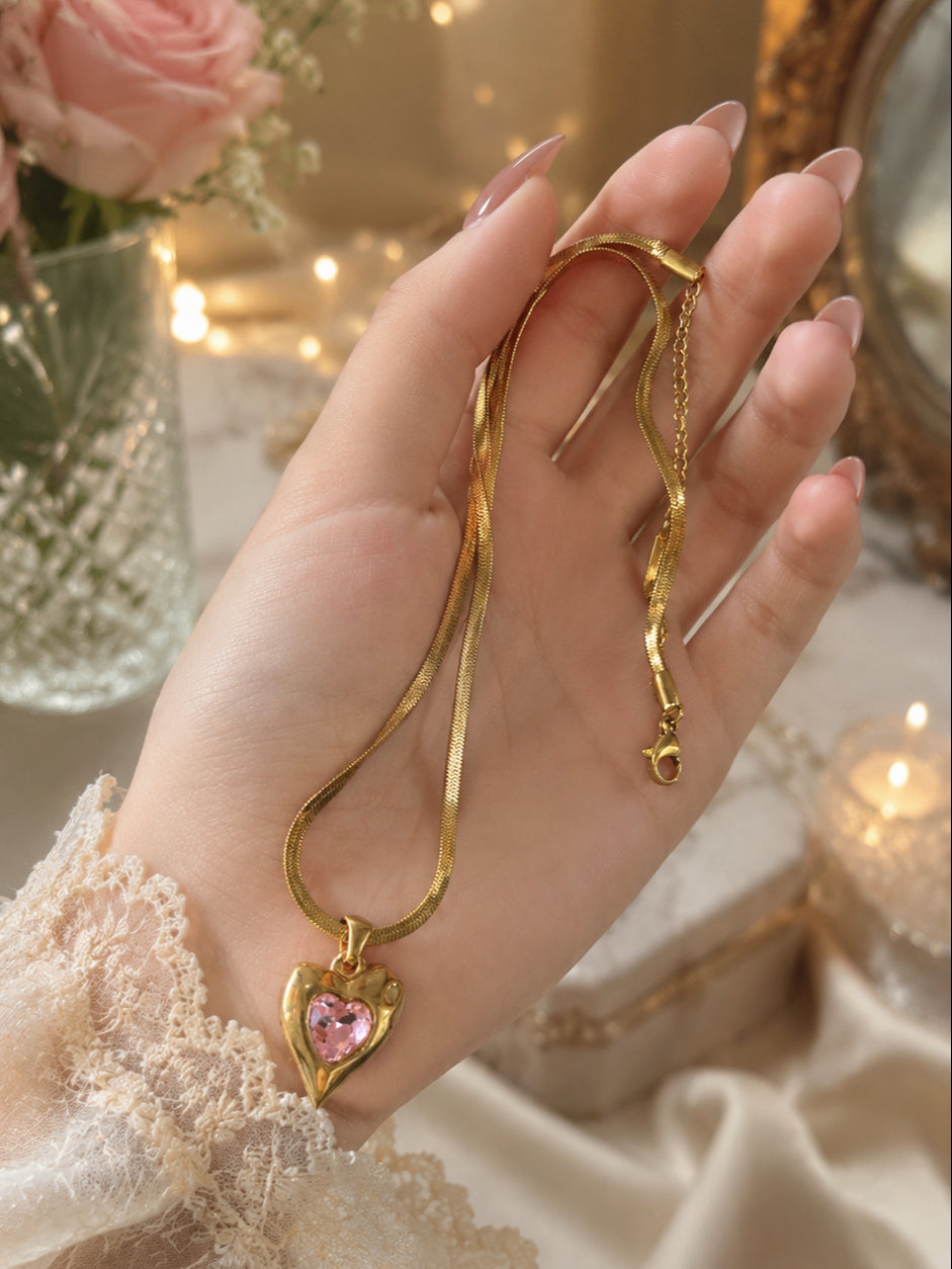 Pink Heart Anti-Tarnish Pendant Necklace