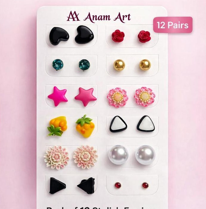 Cute Stud Earrings Combo, 12 Pairs