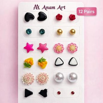 Cute Stud Earrings Combo, 12 Pairs