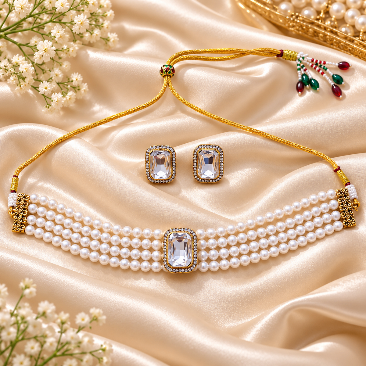 Pearl Choker Set with Stud Earrings