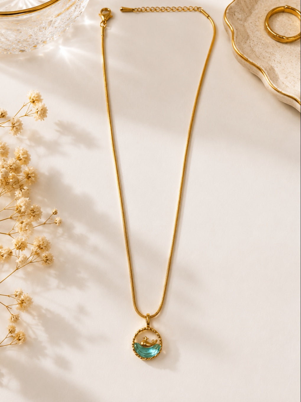 Ocean Wave Dolphin Pendant Necklace - Gold