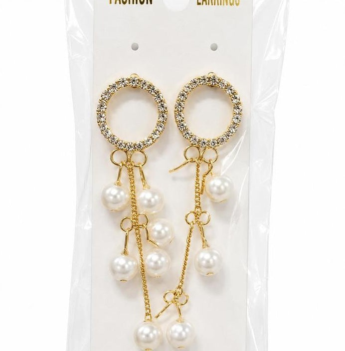 Gold Circle Pearl Chain Earrings