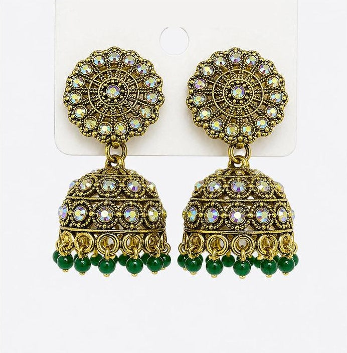 Green Bead Floral Jhumka Earrings