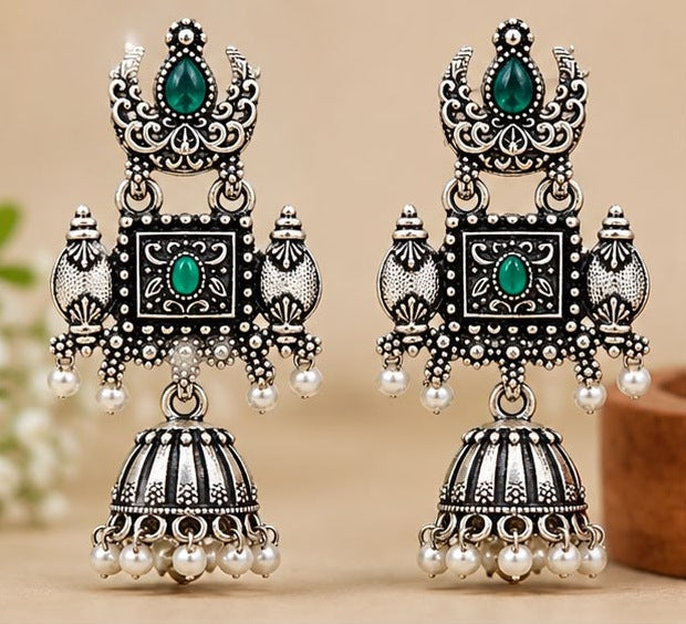 Green Stone Oxidised Jhumka Earrings
