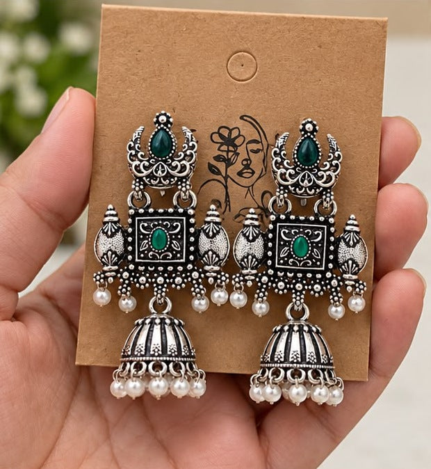 Green Stone Oxidised Jhumka Earrings