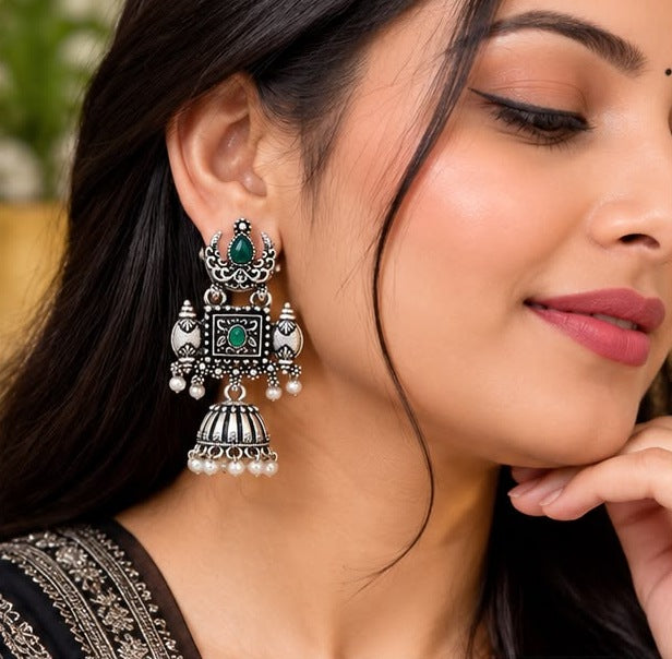 Green Stone Oxidised Jhumka Earrings