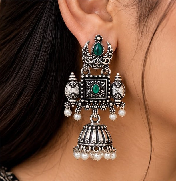 Green Stone Oxidised Jhumka Earrings