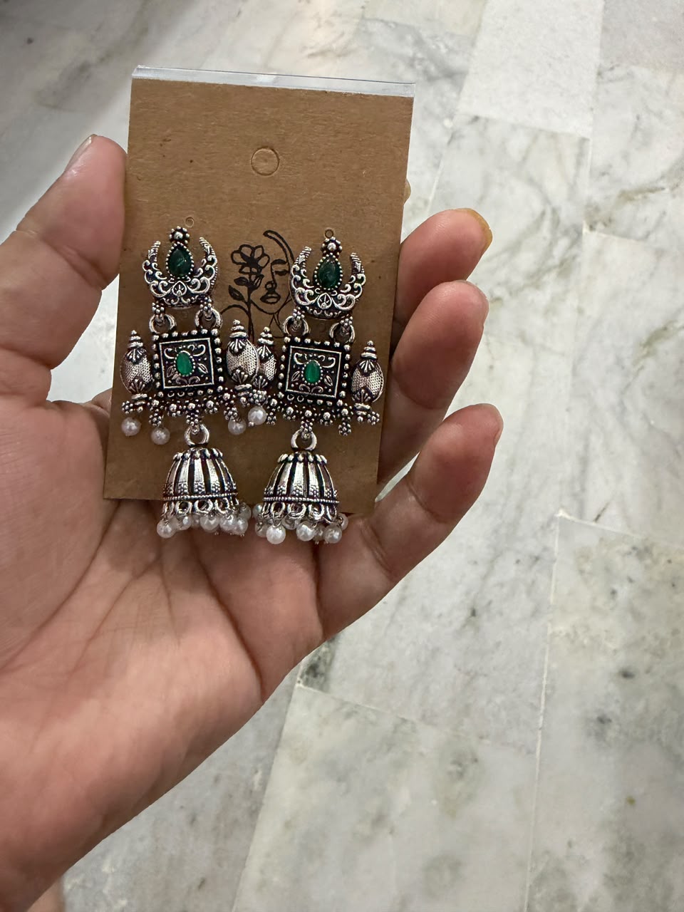 Green Stone Oxidised Jhumka Earrings