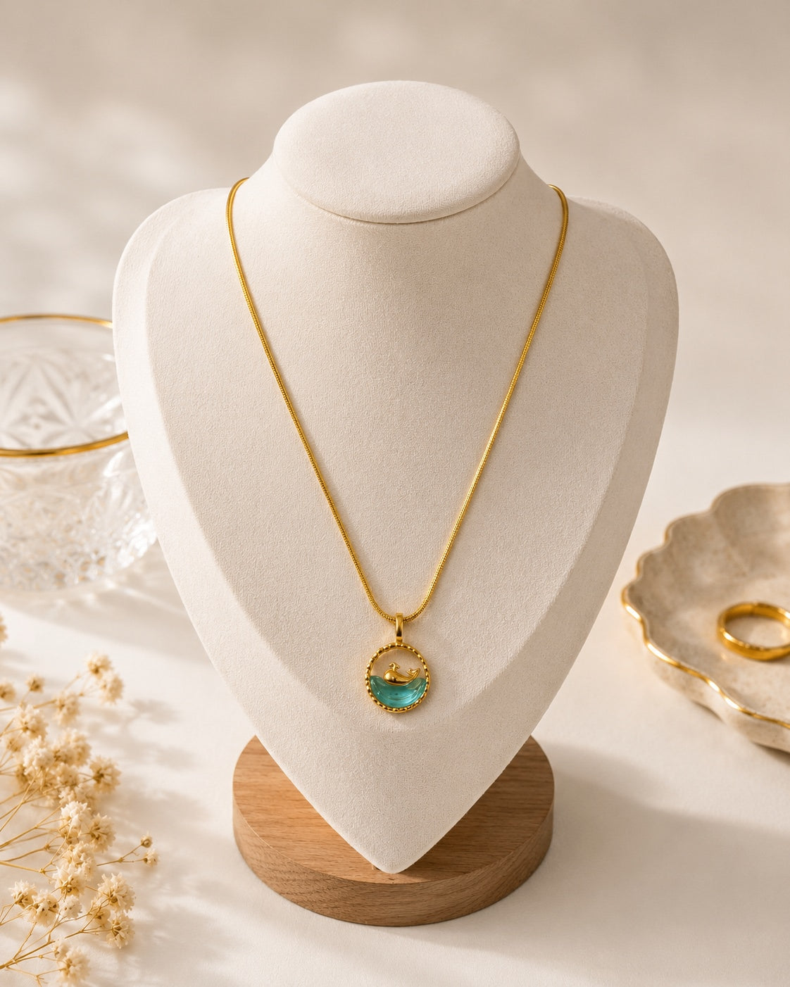 Ocean Wave Dolphin Pendant Necklace - Gold