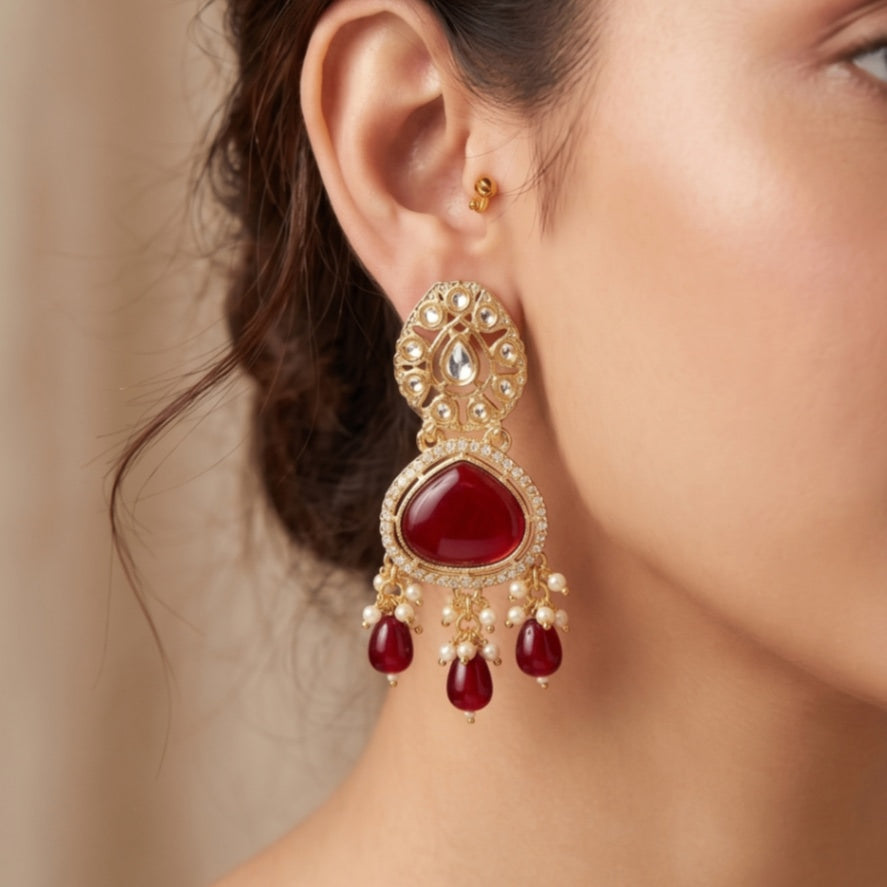 Maroon Kundan Pearl Drop Jhumkis