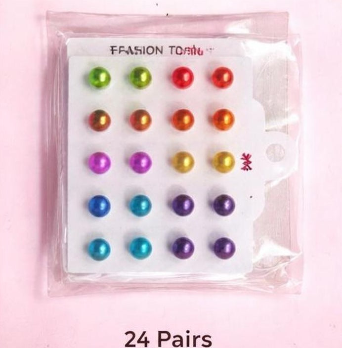 Multicolour Bead Stud Earrings, 24 Pairs