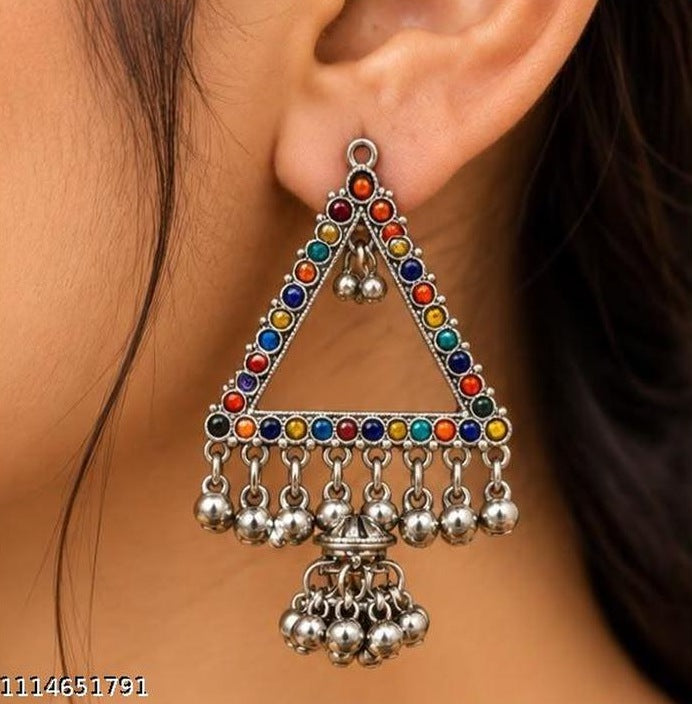 Multicolour Stone Oxidised Triangle Earrings