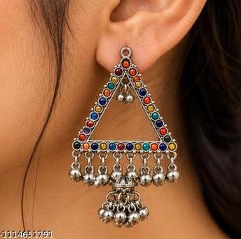 Multicolour Stone Oxidised Triangle Earrings