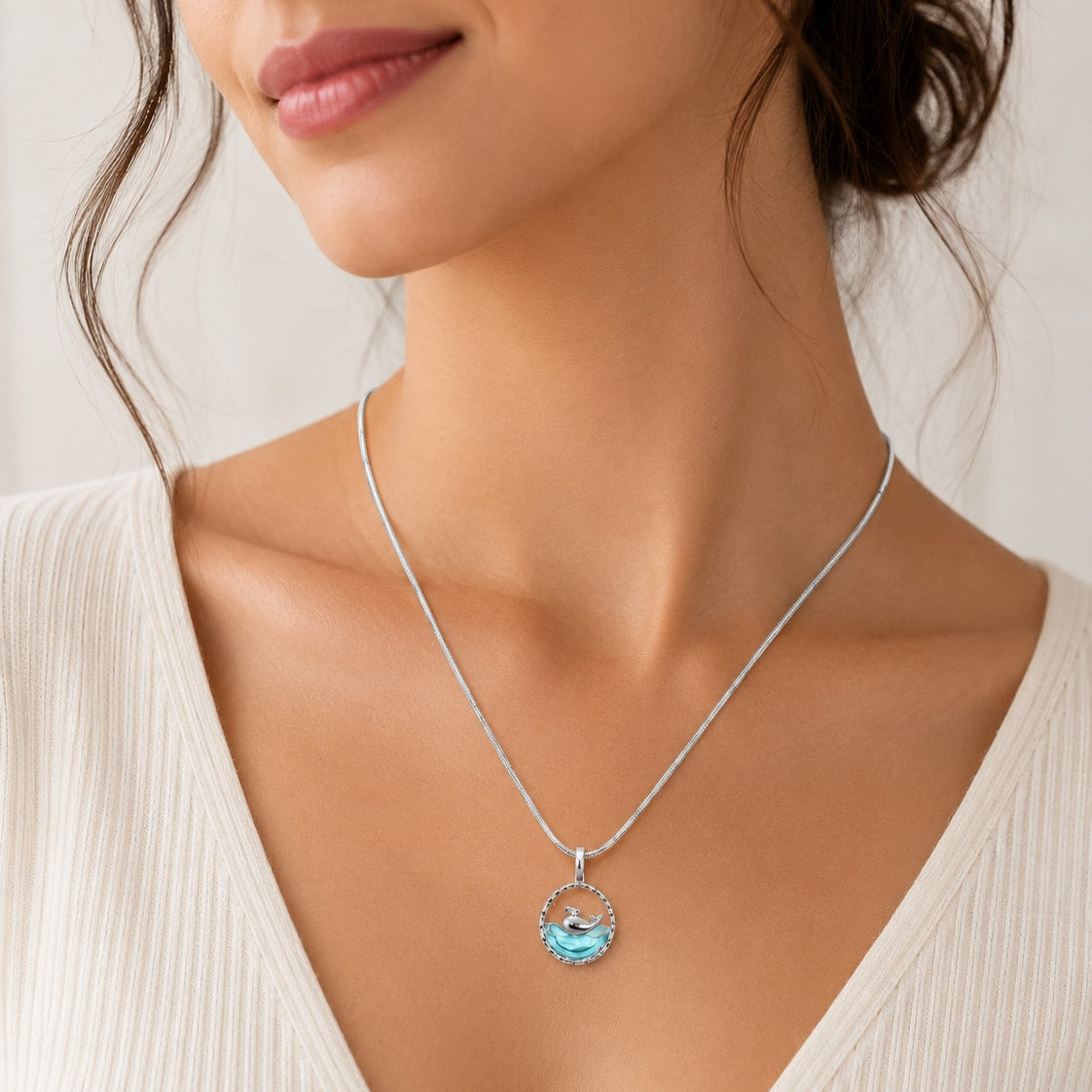 Ocean Wave Dolphin Pendant Necklace - Silver