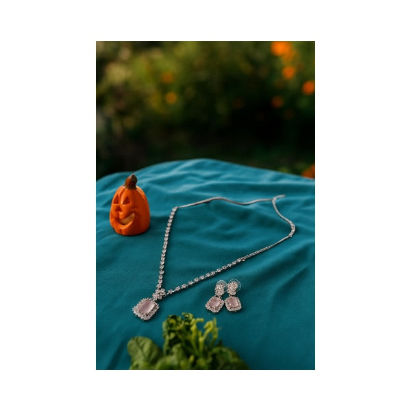 Blush Pink American Diamond Pendant Set with Earrings