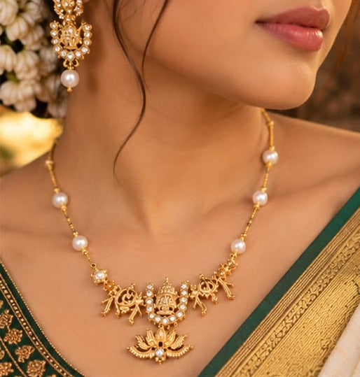 Temple Lotus Pearl Necklace Set