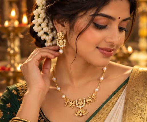 Temple Lotus Pearl Necklace Set