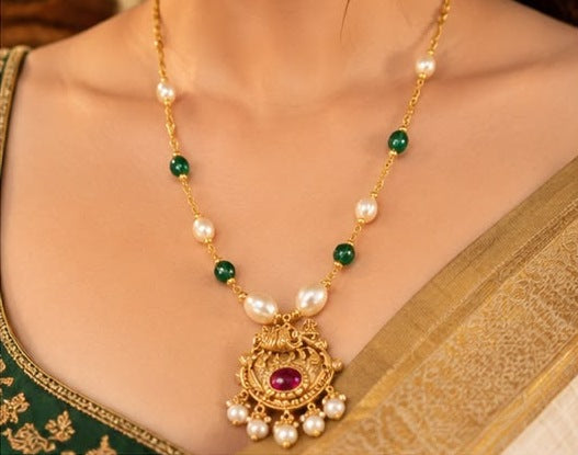 Ruby Pendant Pearl & Green Bead Necklace