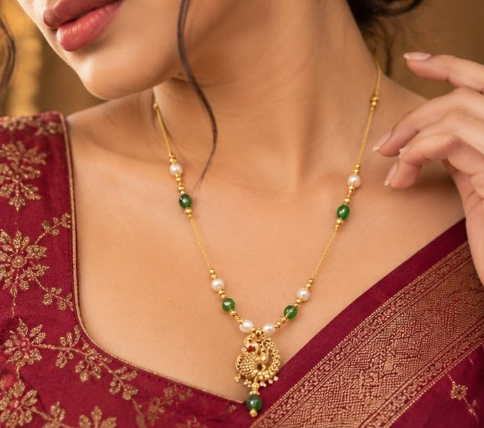 Peacock Pendant Pearl & Green Bead Long Necklace