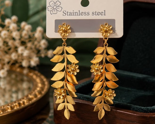 Golden Leaf & Blossom Drop Earrings