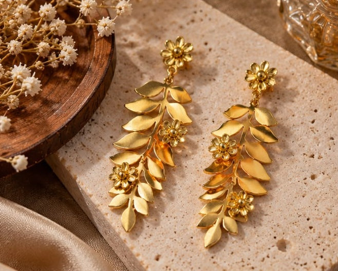 Golden Leaf & Blossom Drop Earrings